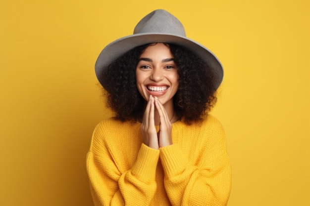 Eccitato ragazza spagnola è sorridente Ritratto di allegro giovane mulatto donna che indossa il cappello sullo spazio della copia