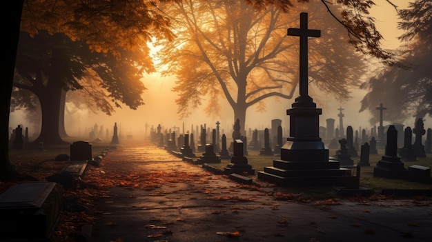 Echi sbiaditi che svelano l'incantevole atmosfera autunnale di un cimitero storico avvolto nella nebbia