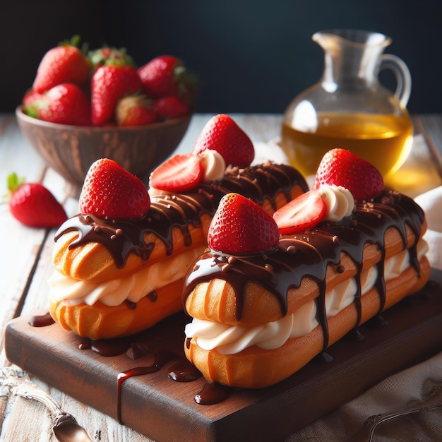 eclair di cioccolato con fragole sfondo di cibo dolce per posta e striscioni