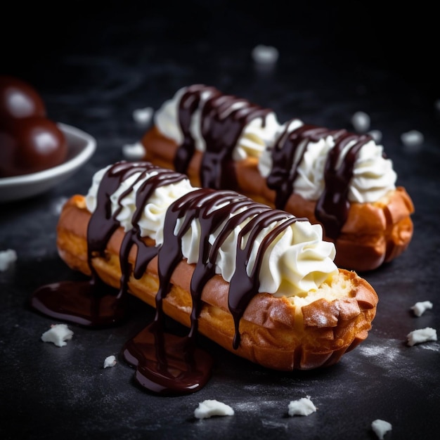 Eclairs con crema e cioccolato su sfondo scuro