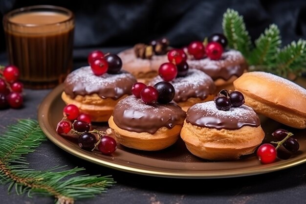 Eclairs di cioccolato e ribes sul piatto grigio torte di bacche per il cibo di Natale