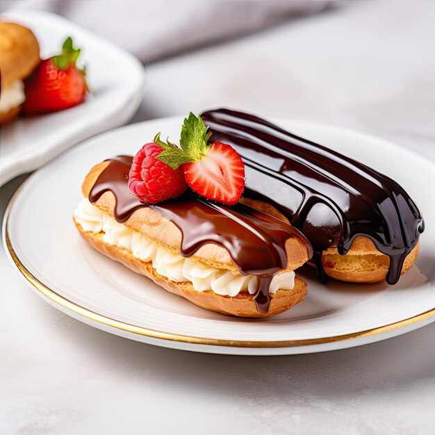 Eclairs francesi con frutta di cioccolato su sfondo bianco di marmo