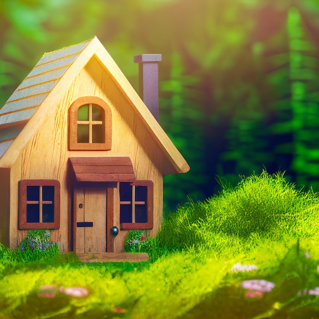 Eco casa in legno illustrazione 3d piccolo giocattolo carino come concetto di nuova vita verde in un ambiente sostenibile sfondo naturale ecologico per annunci immobiliari