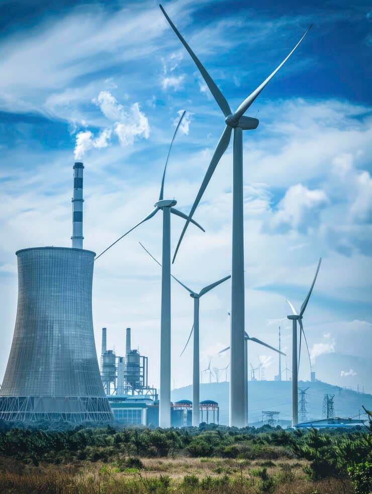 Eco friendly modern power stations with wind turbines green renewable energy care