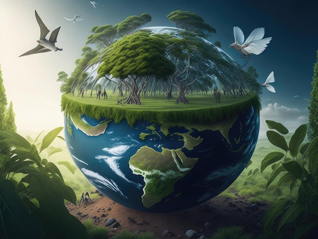 Eco pianeta terra con alberi e uccelli concetto della giornata mondiale della terra