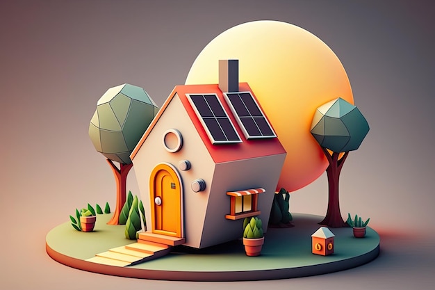 Ecocasa colorata su sfondo colorato Concetto di energia rinnovabile Casa con pannelli solari sul tetto IA generativa