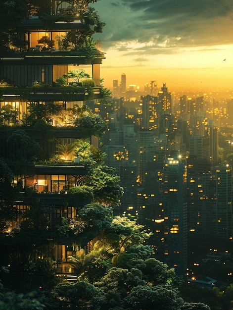 EcoCity coperture di alberi vita urbana vivace intrecciata con lussureggianti edifici verdi integrati con viti e foglie Vignetta dell'ora d'oro realistica