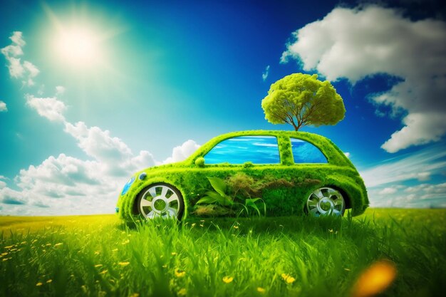 EcoFriendly Car Un concetto di trasporto PollutionFree e sostenibile con l'icona dell'auto verde su un prato primaverile con uno sfondo di cielo blu Ai generativa