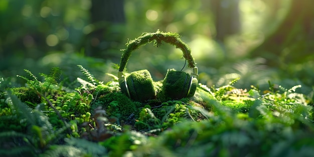 EcoFriendly Podcasting e Musica per gli amanti della natura Forest Green Moss Headphones Concept Tecnologia eco-friendly Accessori ispirati alla natura Equipaggiamento audio sostenibile Equipaggiamento di podcasting all'aperto