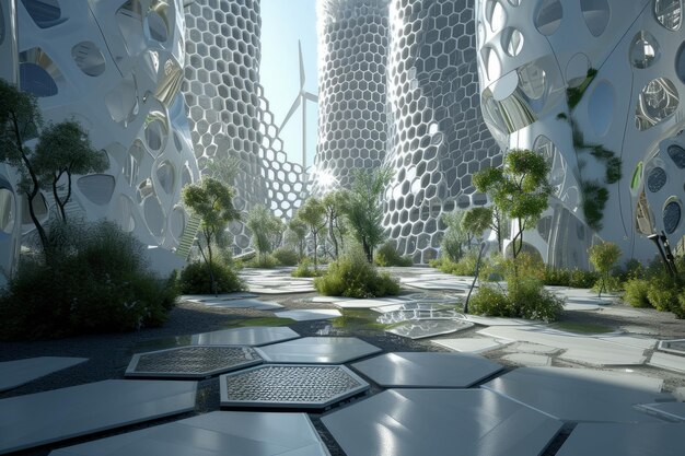 EcoFuturistic Hive City rappresentazione di una piazza di energie rinnovabili