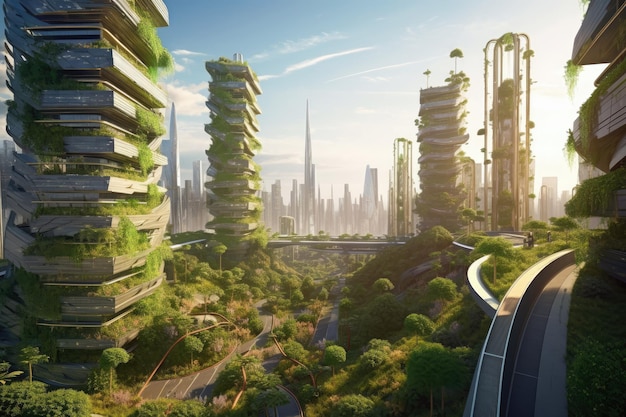 Ecologia futuristica mega città edifici e torri ambiente verde città IA generativa