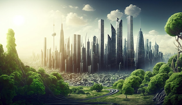 Ecologia futuristica mega città edifici e torri centro ambiente verde IA generativa