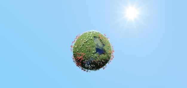 Ecologia globale astratta creativa e protezione dell'ambiente concetto aziendale mini globo verde del pianeta Terra con mappa del mondo con erba verde e fiori di prato colorati isolati sul cielo blu