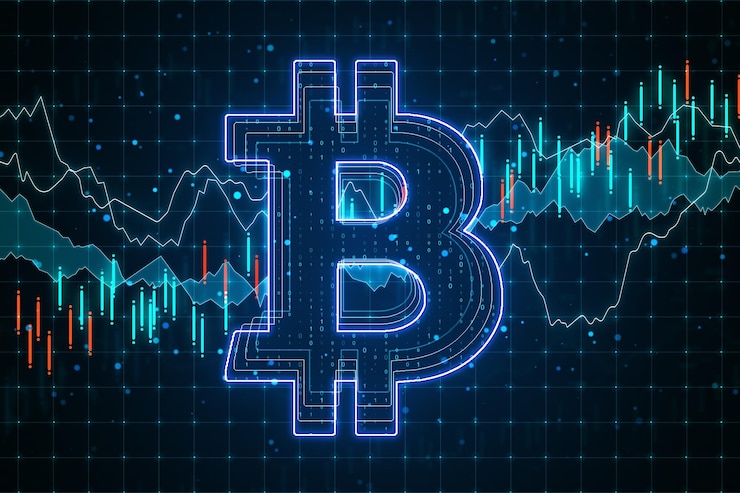 Photo ecommerce concept with bitcoin circuit and business statistic screen