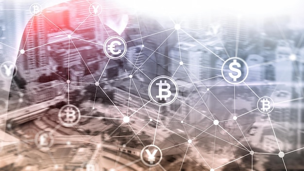 Economia digitale e commercio di valuta Doppia esposizione Bitcoin e concetto di blockchain