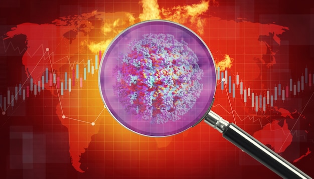 Economia mondiale e concetto di virus corona. L'impatto del coronavirus sul mondo. illustrazione 3D