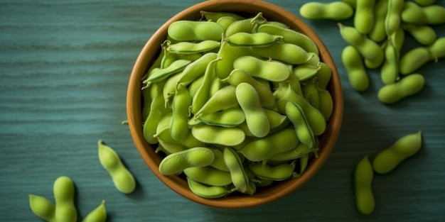 Edamame verdura biologica per la cottura copia spazio sfondo sfocato AI generativa