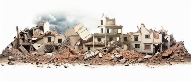 Edifici distrutti dopo il terremoto isolati su sfondo bianco