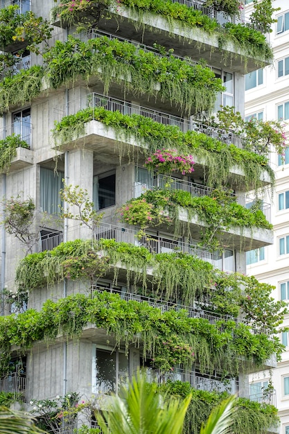 Edifici ecologici facciata con piante verdi e fiori sul muro di pietra della facciata della casa sulla strada di Danang Vietnam
