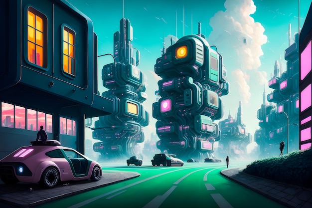 Edifici futuristici della città Funky Cyberpunk illustrazione di arte moderna IA generativa