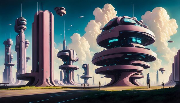 Edifici futuristici della città Funky Cyberpunk illustrazione di arte moderna IA generativa