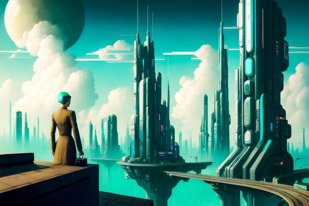 Edifici futuristici della città Funky Cyberpunk illustrazione di arte moderna IA generativa