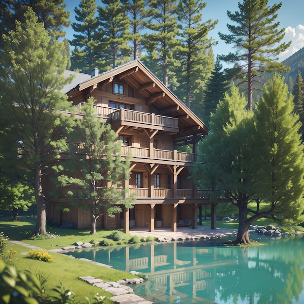 Edificio 3D sul lago generato dall'IA