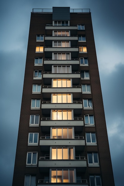 Edificio a rafting con finestre illuminate di notte con un orologio in cima AI Generative