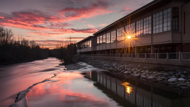 Edificio accanto al fiume al tramonto