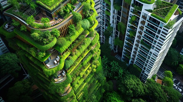 edificio arafed con un tetto verde e un sacco di alberi generativo ai