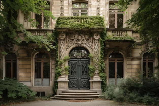 Edificio barocco con intricati dettagli di porte e finestre circondato da una vegetazione lussureggiante