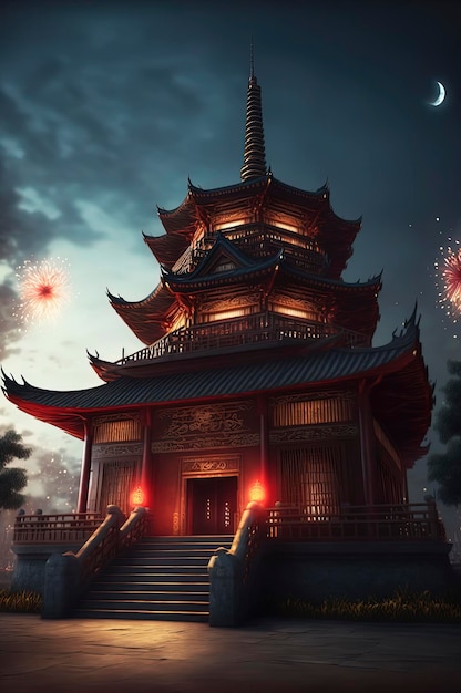 Edificio cinese con fuochi d'artificio nel cielo Capodanno cinese