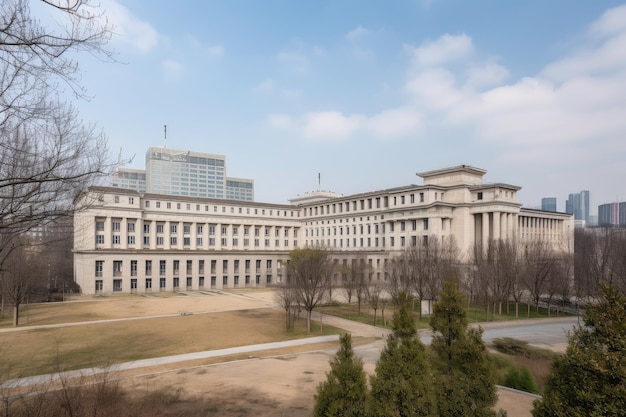 Edificio classico e storico con vista sullo skyline della città moderna sullo sfondo