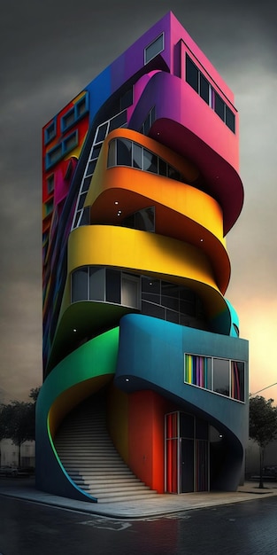 Edificio dai colori vivaci con una scala a chiocciola che conduce al secondo piano generativo ai