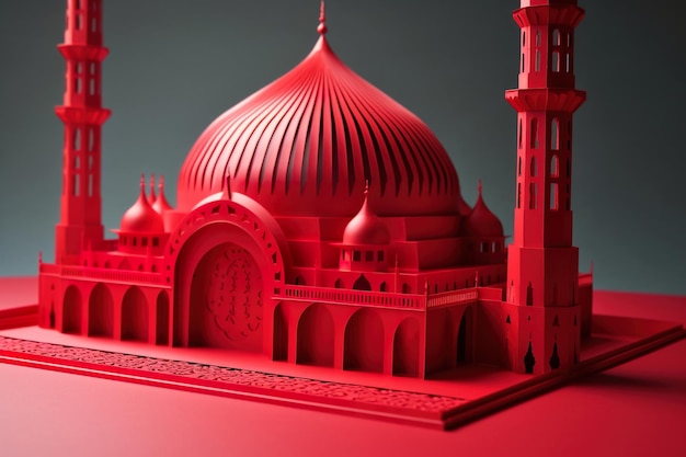 Edificio del modello 3D della moschea con arte tagliata in carta fantasia di colore rosso