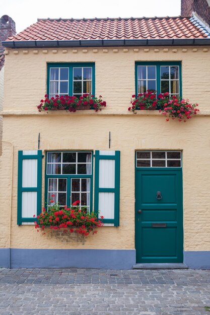 Edificio della città vecchia con porta e fiori nella finestra