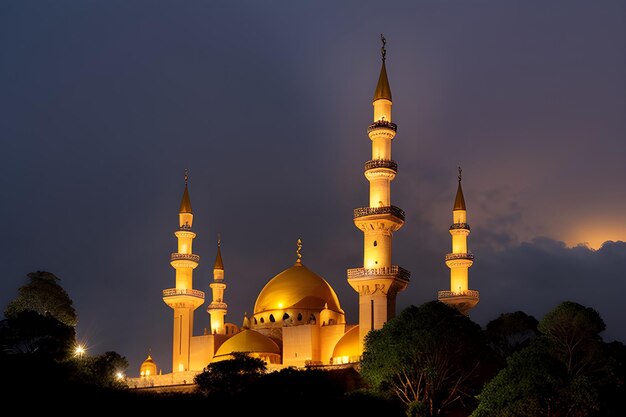 edificio della moschea Alta torre cupola dorata epica nebbia alba stormo di uccelli illuminazione drammatica