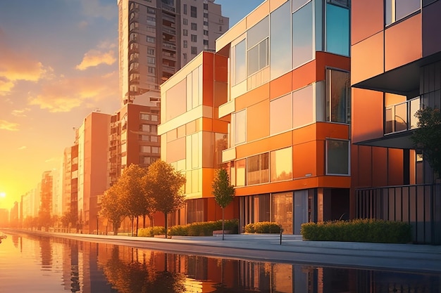 Edificio di appartamenti di lusso con facciata in vetro che riflette il tramonto