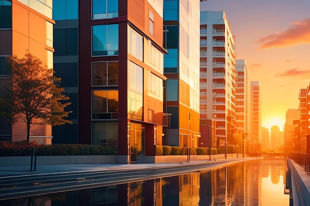 Edificio di appartamenti di lusso con facciata in vetro che riflette il tramonto