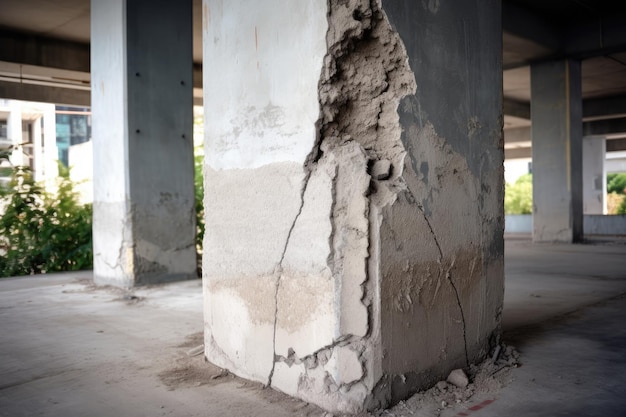 Edificio di costruzione di pilastri in calcestruzzo incrinato