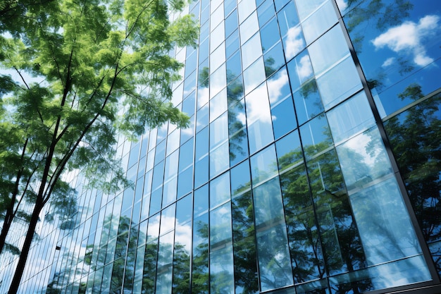 Edificio ecologico nella città moderna Edificio per uffici in vetro sostenibile con albero per ridurre le emissioni di CO2