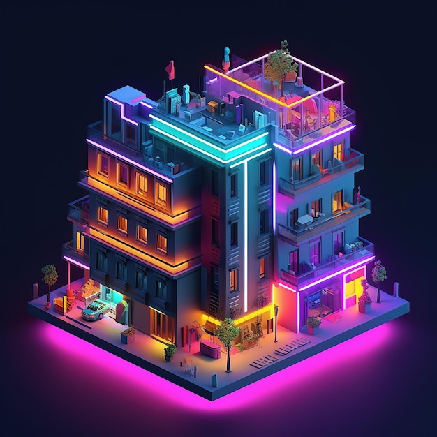 Edificio futuristico isometrico con luci colorate al neon Costruzione tecnologica di luci al neon cyber