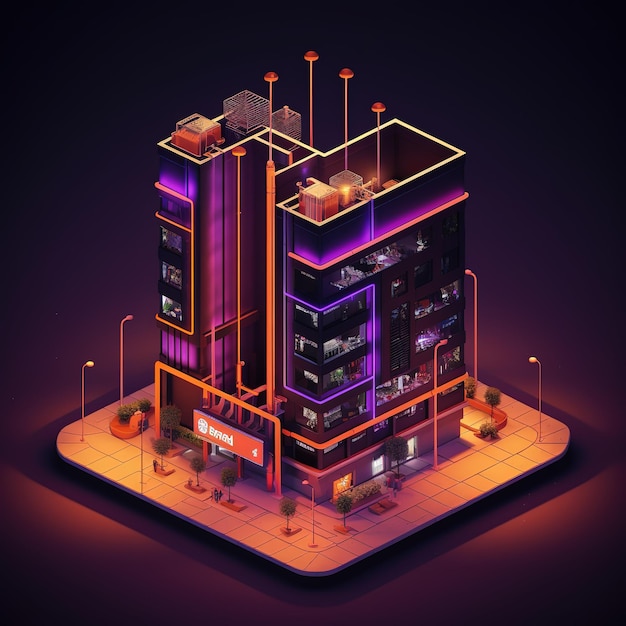Edificio futuristico isometrico con luci colorate al neon Cyber building tecnologico