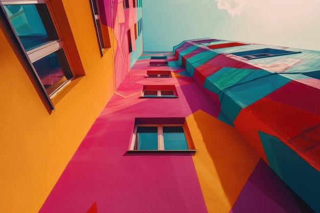 Edificio geometrico colorato con finestre ornamentate in città