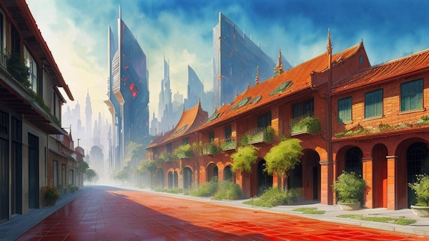 Edificio in piastrelle rosse in una futuristica città fantascientifica