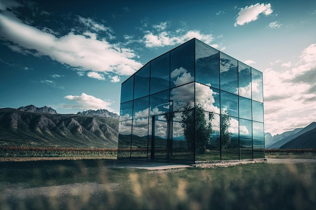 Edificio in vetro circondato da bellezze naturali con montagne e cielo blu sullo sfondo