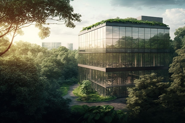Edificio in vetro circondato da una vegetazione lussureggiante con vista sul vicino parco