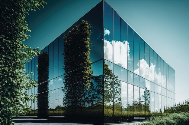 Edificio in vetro circondato da una vegetazione lussureggiante e un cielo azzurro sullo sfondo