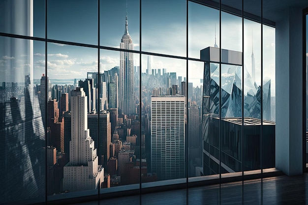 Edificio in vetro con vista sullo skyline della città e sulle strade animate visibili attraverso le finestre