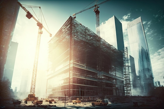 Edificio in vetro in costruzione con gru torreggianti e vivace cantiere visibile